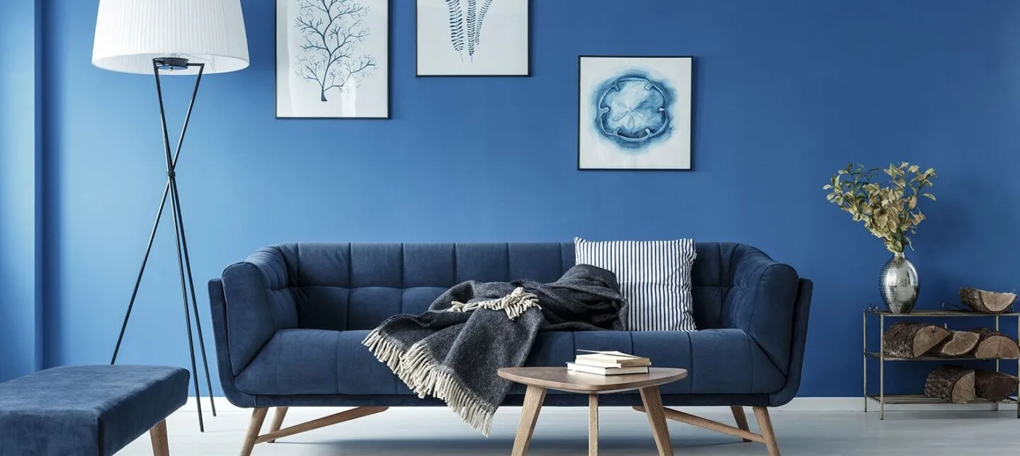 Gemütliches Wohnzimmer mit blauen Wänden und Sofa